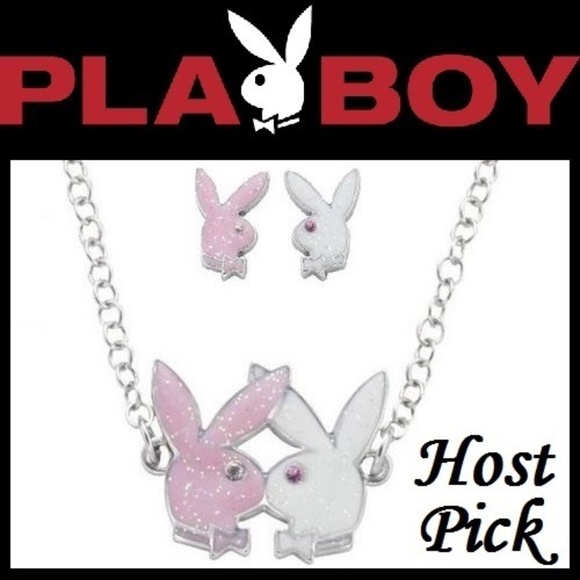 Playboy Jewelry Set Necklace Earrings Bunny Kiss Kissing Bunnies Authentic NWT - Picture 1 of 13